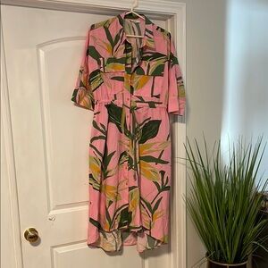 Pink and Green Leaf Print Dress